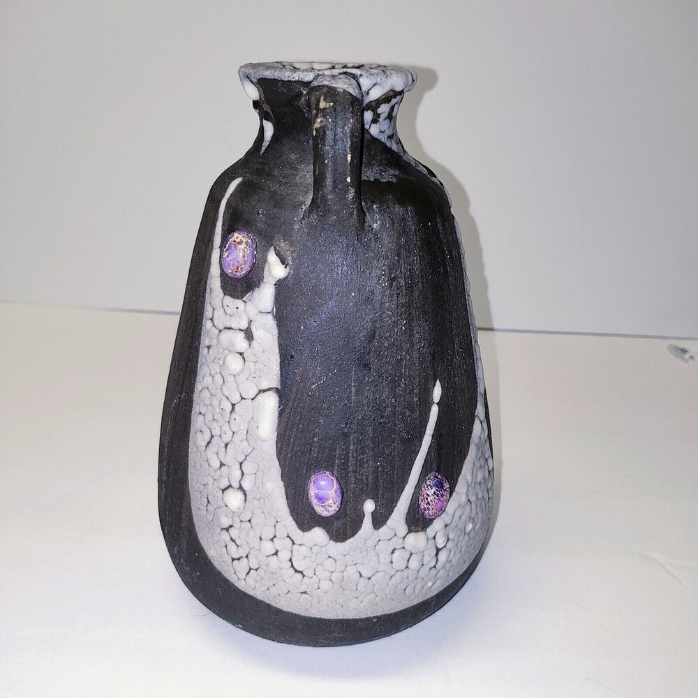 Signed Art Pottery Black Raku like Blue Crackle Drip Glaze